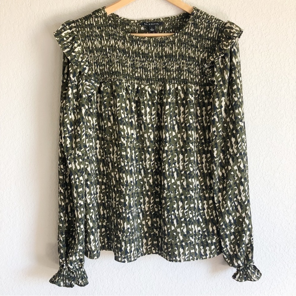 Zac & Rachel Smocked Dress Blouse Green Print Ruffle